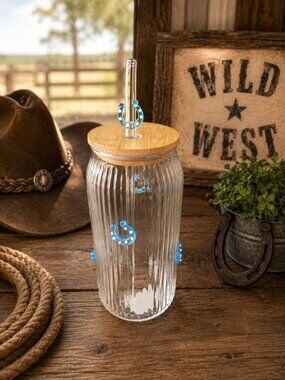 New Blue Glass Horse Show Western Beverage Water Bottle W/ Straw Wood Top